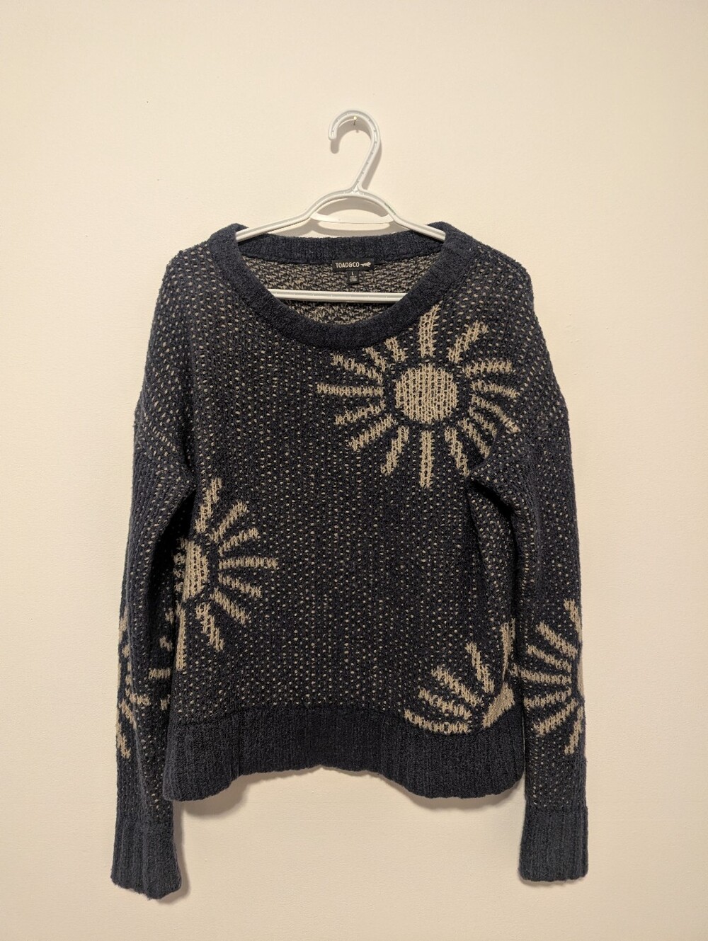 Toad&Co Cotati 80s 90s Style Wool Blend Sun Graphic Knit Sweater Blue  Cream L